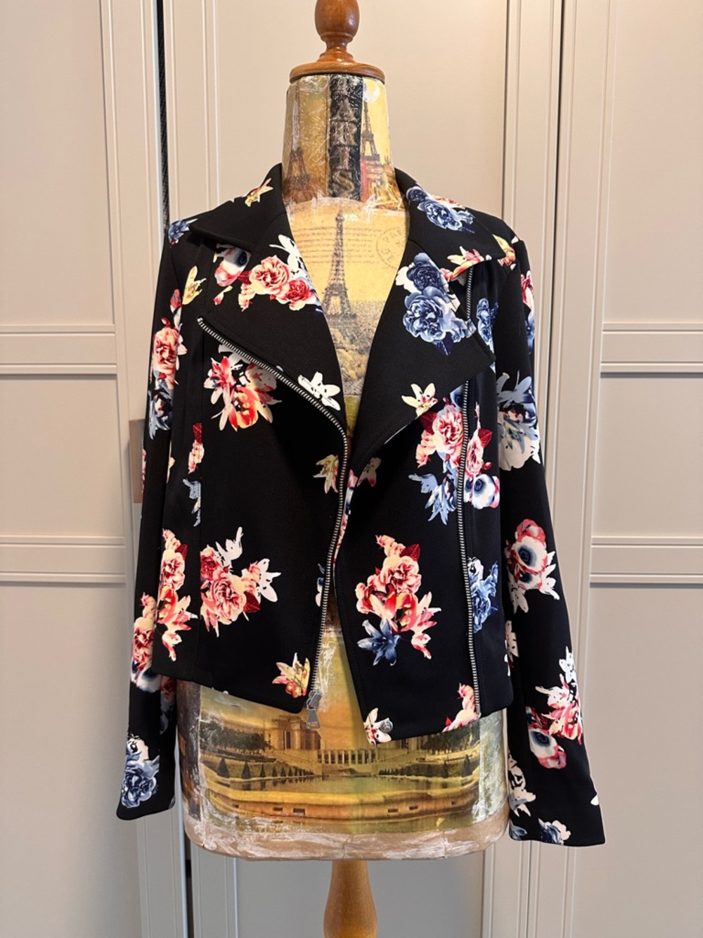 Express Black Floral Moto Jacket with Pink & Blue Flowers